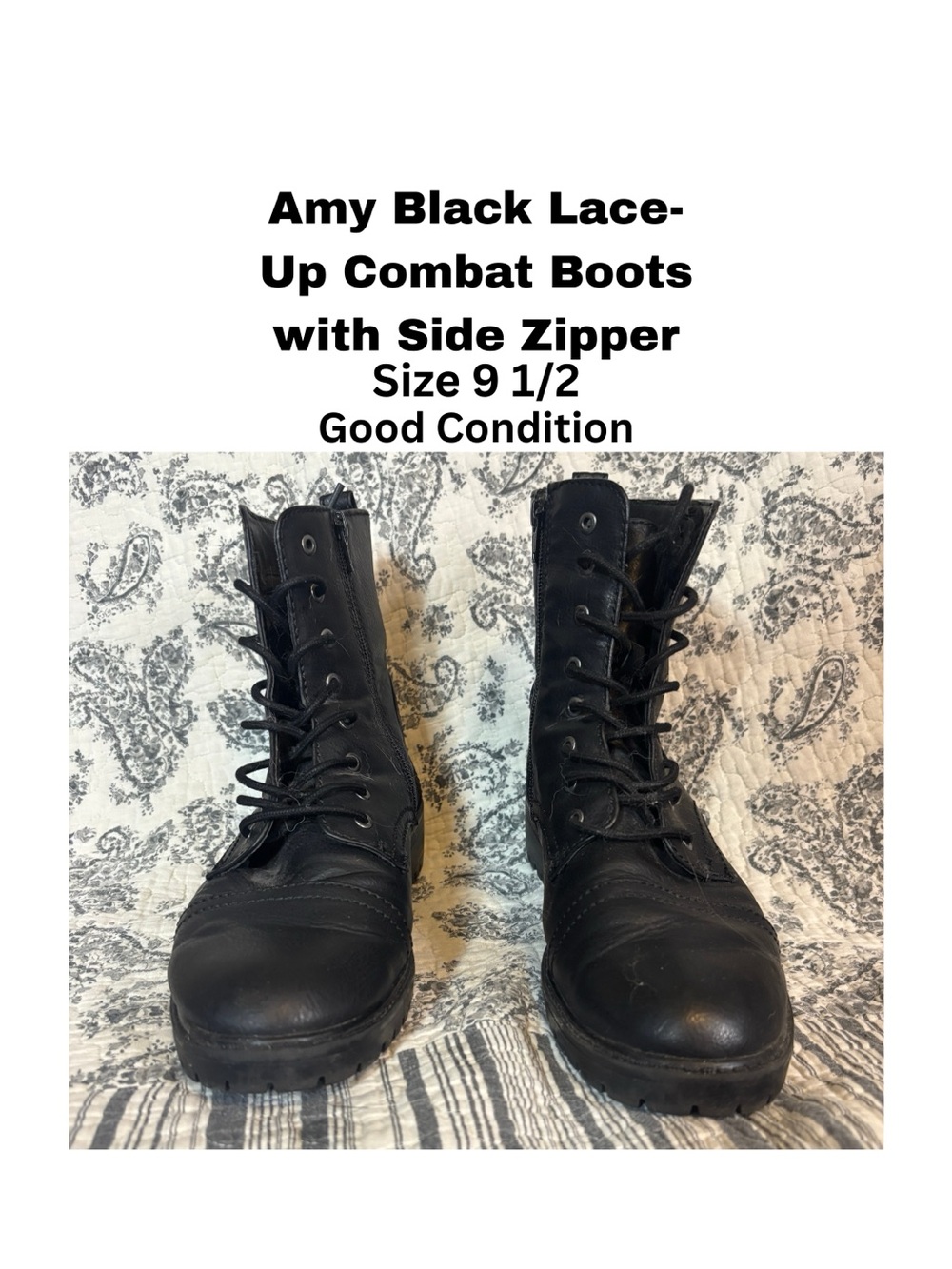 Amy Black Lace Up Combat Boots Side Zipper Black Women’s Size 9.5 Good Condition